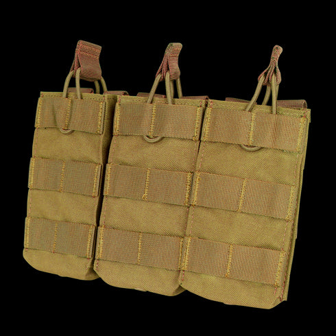 The Condor Triple M4/M16 Open-Top Mag Pouch in Scorpion OCP features three compartments and MOLLE webbing for secure attachment to tactical gear, ideal for military or law enforcement use.